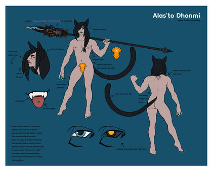a reference sheet for Alas'to. there are close-ups of his face in profile, his teeth and pierced tongue, and day/night views of his eyes as well as a front and back view of his full body to show scars/piercings and his general build. he is holding a spear.