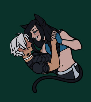 a simple, cartoony drawing of Alas'to dipping Thancred in a dance