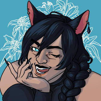 a portrait of alas'to resting his chin on his hand. there are lilies in the blue background and his tongue is running over his fangs.