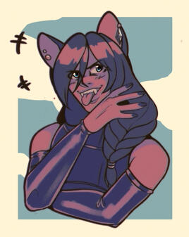 a chest-up drawing of Alas'to, a miqo'te with a dark braid and prominent fangs