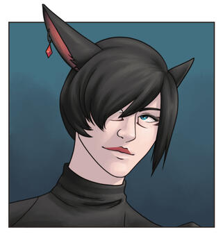 a 3/4 bust of Alas'to, a pale miqo'te with dark hair and blue eyes. he is wearing a dark turtleneck and a single earring with a red gemstone on his right ear.