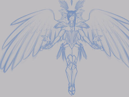 a blue fullbody sketch of a sineater version of Alas'to. he has big, feathery wings s prouting from his back, smaller wings bursting from his cat ears, a fragmented halo, and extra hands. his eyes are re placed with extra mouths and his actual mouth is cra