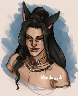 a painterly bust of Alas'to, a miqo'te with long black hair who is wearing a lot of necklaces, with a signature that reads "@snookasnerk"