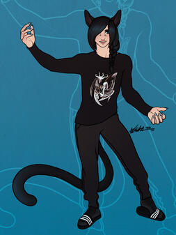 a fullbody drawing of Alas'to in one of the artist's outfits: a long-sleeved black tee with a multi-winged angel on it, dark grey joggers, and socks with slides.