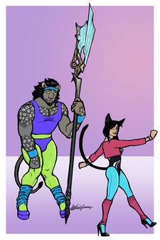 a rough sketch of Alas'to showing Tuko, a spotty grey hrothgar holding a dragoon lance, how to walk in heels. they are both wearing brightly colored aerobics gear for some reason.