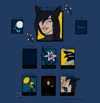a "draw my oc as..." art meme based around Alas'to with a dark blue background and 3 rows of 3 images meant to represent him, including: butterflies, the moon, blue, stargazer lilies, magpies, lemons, etc.