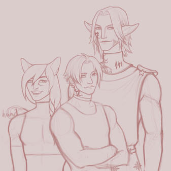 a rough sketch of Alas'to, Thancred, and Urianger standing together; I was too lazy to draw Urianger's hand on Alas'to's shoulder, so it's a blob labelled "hand" instead