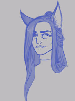 a blue 3/4 view headshot sketch of Alas'to, a male kee per of the moon miqo'te with long, dark hair